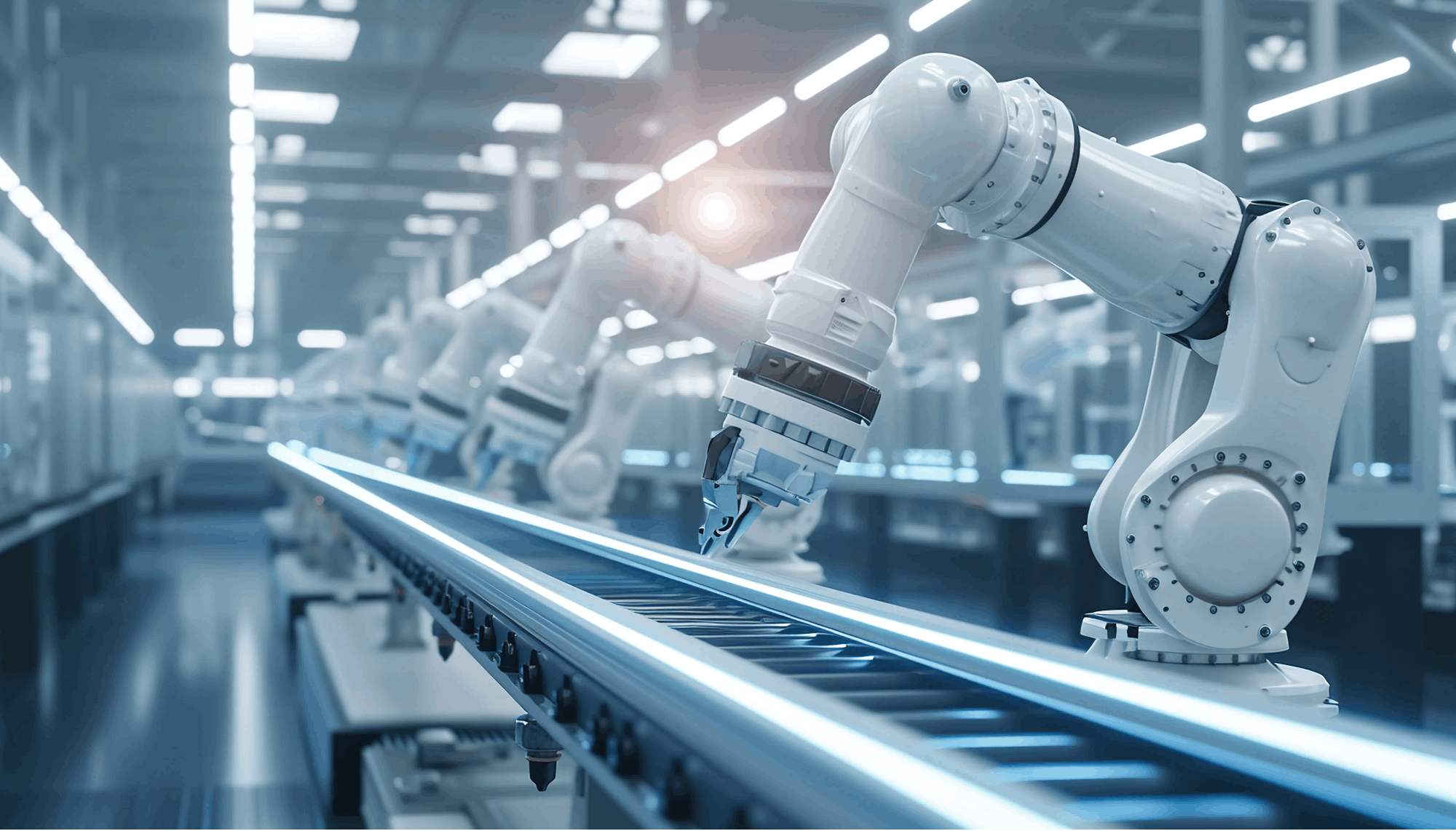 Brazos robóticos en una línea de producción automatizada de Industria 4.0