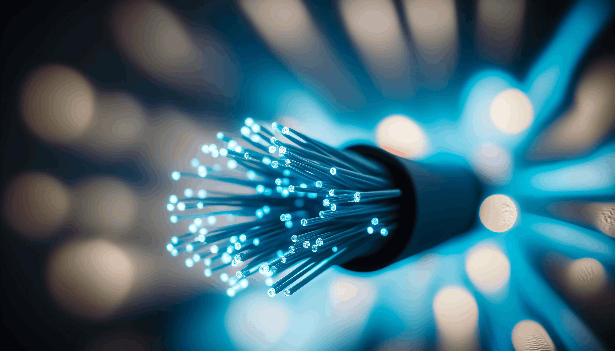 Cable de fibra simbolizando redes híbridas y alta conectividad en la empresa.