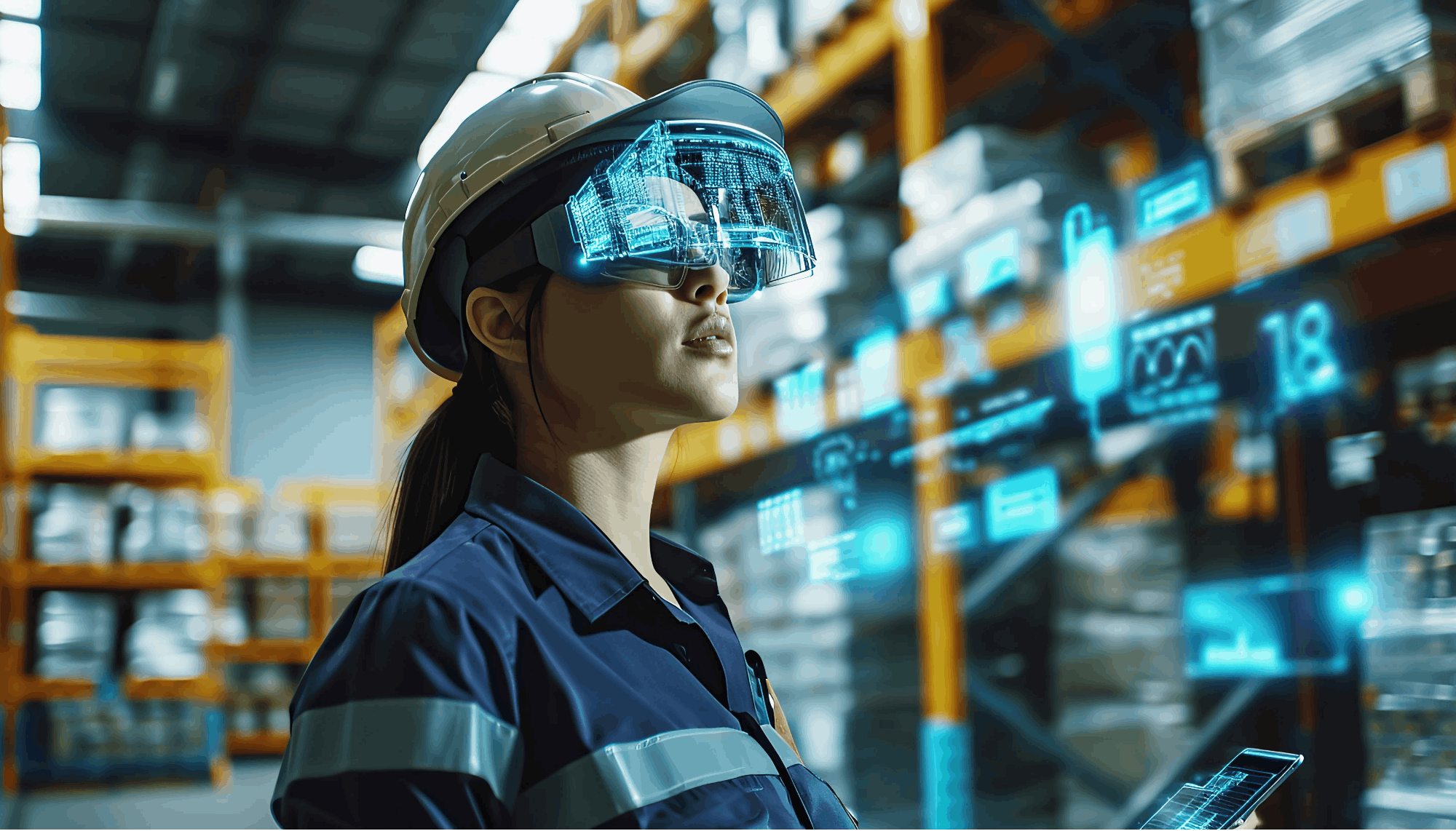 Ingeniera con gafas de realidad aumentada en almacén, ejemplo de transformación digital e Industria 4.0.