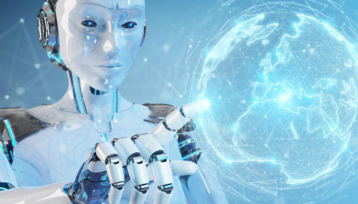 Robot inteligente tocando un globo digital, simbolizando la Ley de IA y su impacto en la conectividad empresarial y las soluciones SD-WAN.