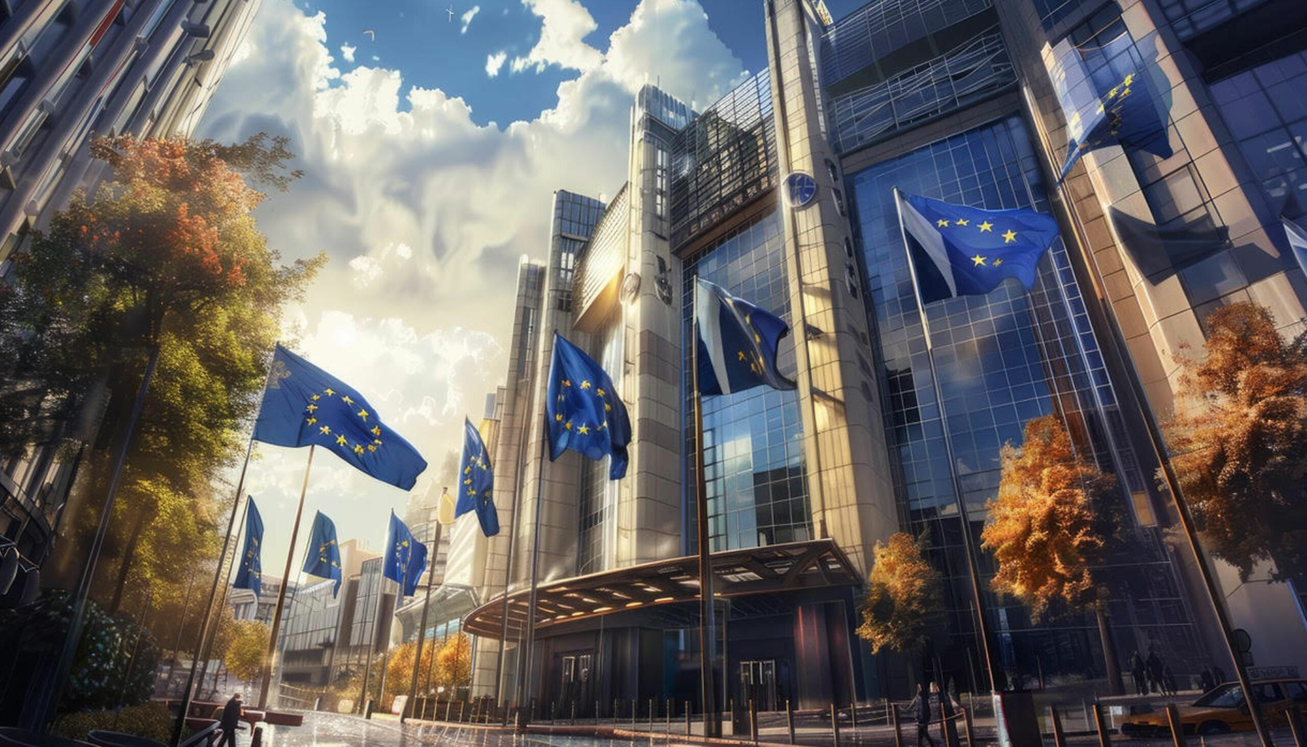 Edificio de la Unión Europea con banderas, simbolizando la Ley de Inteligencia Artificial en Europa y su impacto en la transformación digital empresarial.