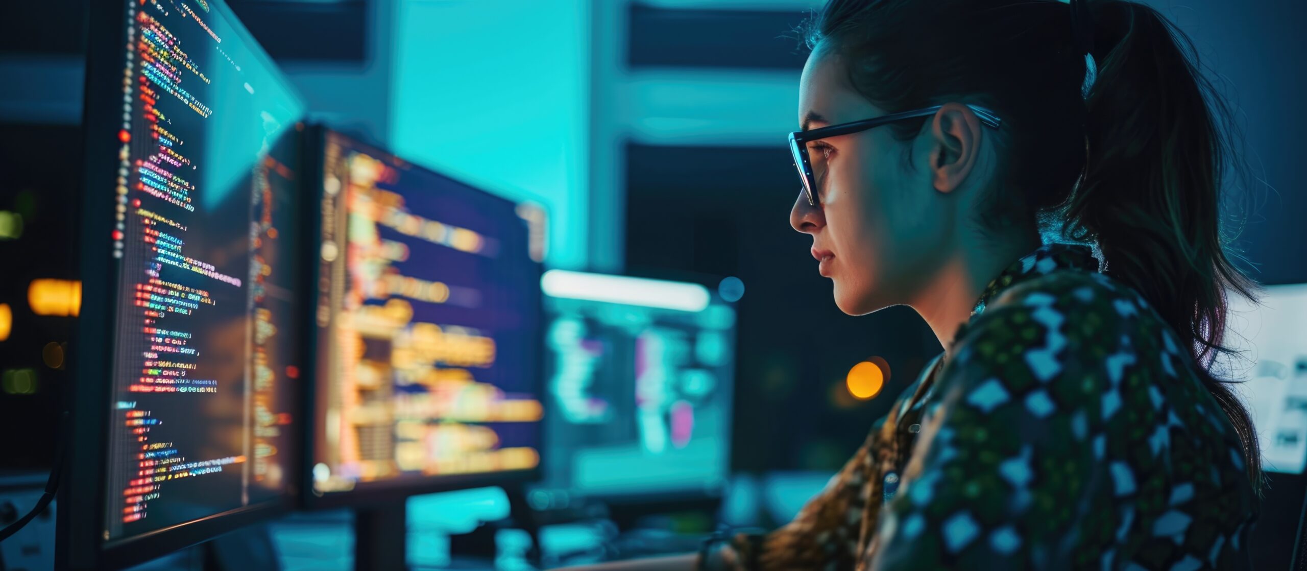 Especialista monitorizando código y seguridad de red para reforzar la ciberseguridad global.