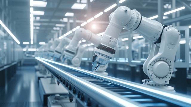 Brazos robóticos en una línea de producción automatizada de Industria 4.0