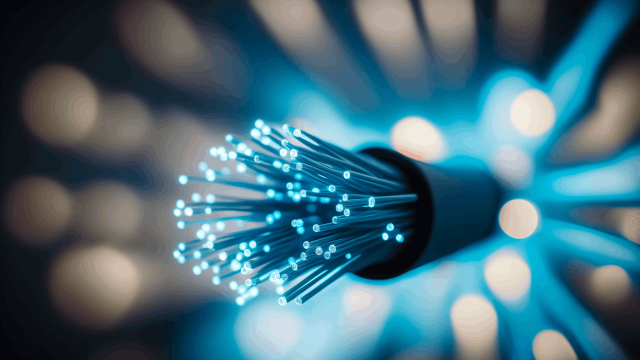 Cable de fibra simbolizando redes híbridas y alta conectividad en la empresa.