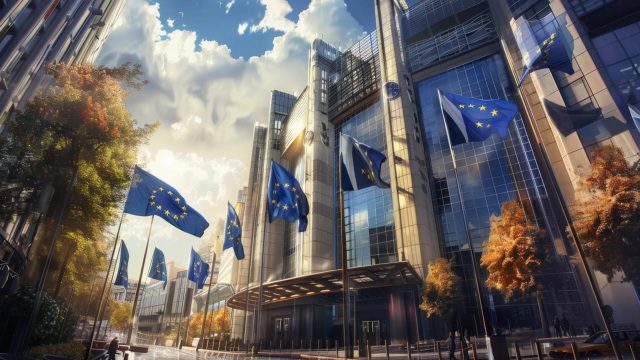 Edificio de la Unión Europea con banderas, simbolizando la Ley de Inteligencia Artificial en Europa y su impacto en la transformación digital empresarial.