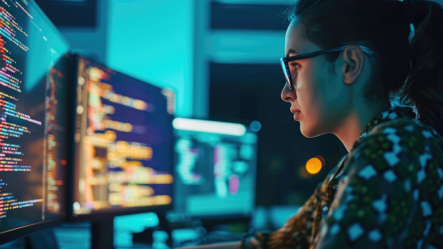 Especialista monitorizando código y seguridad de red para reforzar la ciberseguridad global.