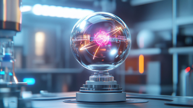 Esfera futurista en laboratorio tecnológico simbolizando la inversión en computación cuántica.